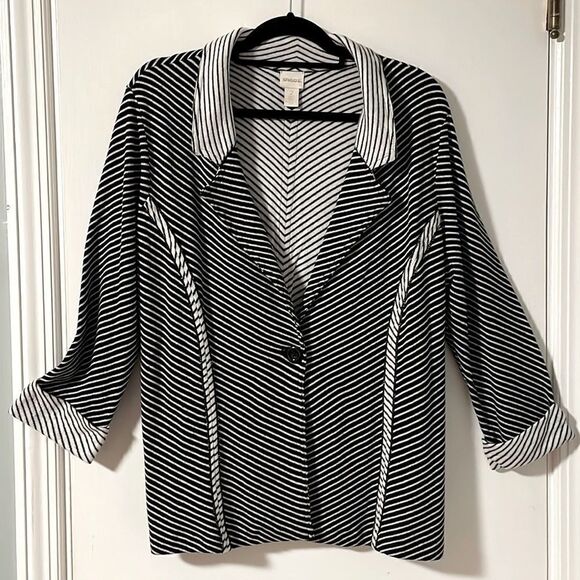 Chico’s black and white stripe soft knit one button jacket w lapels size Medium - Picture 1 of 9